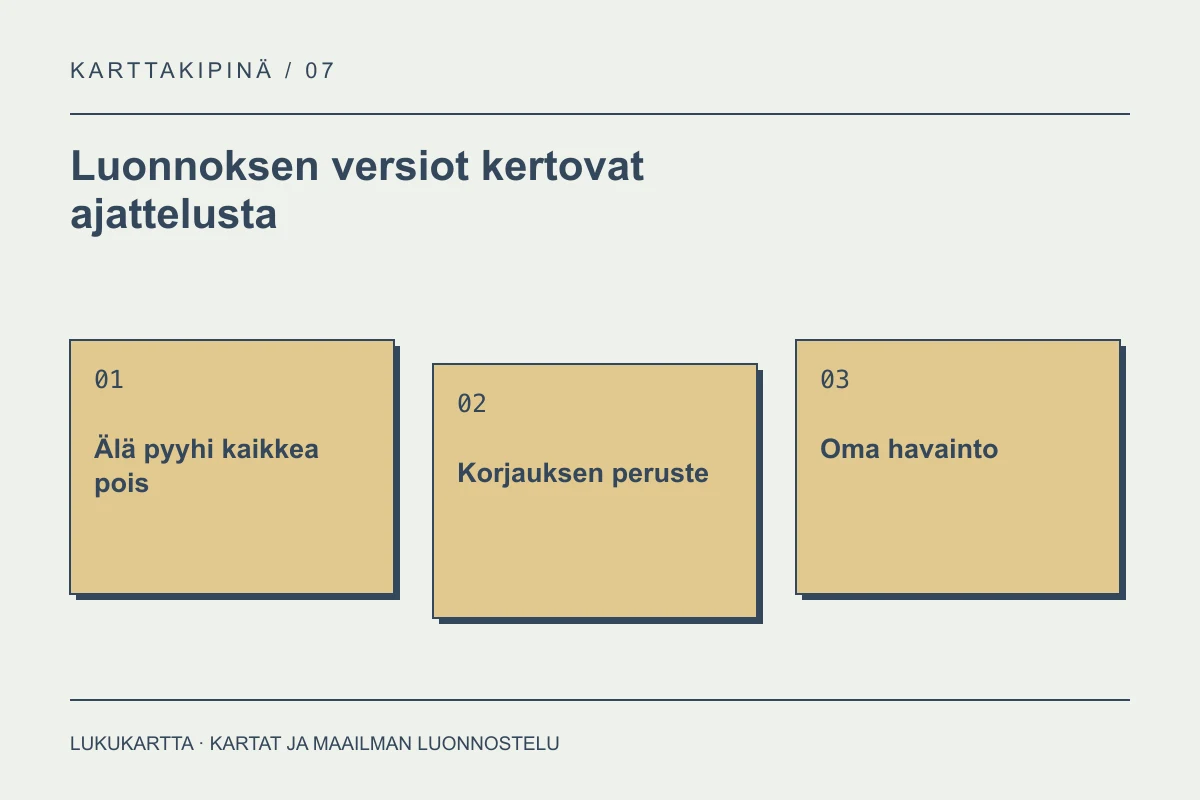 Lukukartta: Luonnoksen versiot kertovat ajattelusta. Älä pyyhi kaikkea pois, Korjauksen peruste, Oma havainto.